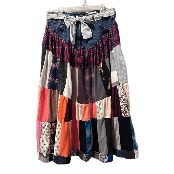 Denim patchwork skirt upcycle hand made with handmade cotton belt xl - Picture 1 of 8
